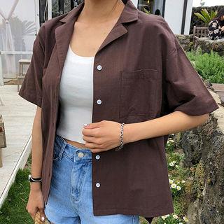 Notched-lapel Elbow Sleeve Linen Shirt