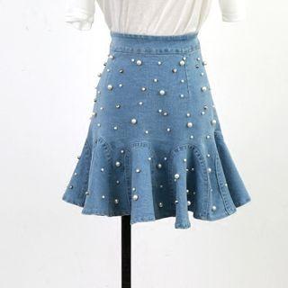 Faux-pearl High-waist Denim Skirt