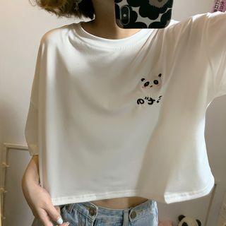 Bear/panda Embroidered Short-sleeve Cropped Tee