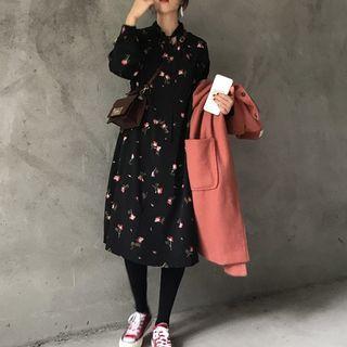 Rose Long-sleeve A-line Dress Black - One Size