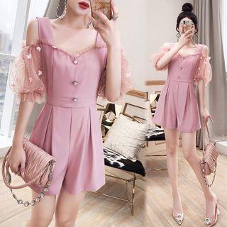 Puff-sleeve Cold-shoulder Mesh Panel Romper