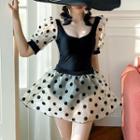 Set: Puff-sleeve Dotted Panel Swimsuit + Cover-up Skirt