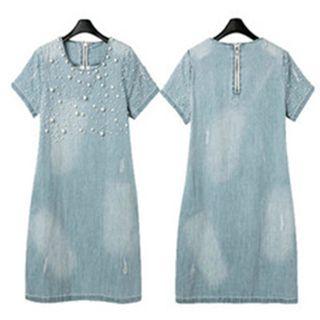 Embellished Short-sleeve Washed Denim Dress