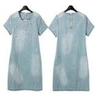 Embellished Short-sleeve Washed Denim Dress