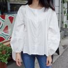 Puff Long-sleeve Lace-trim Blouse