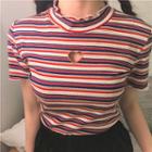 Heart Perforated Striped Short Sleeve T-shirt