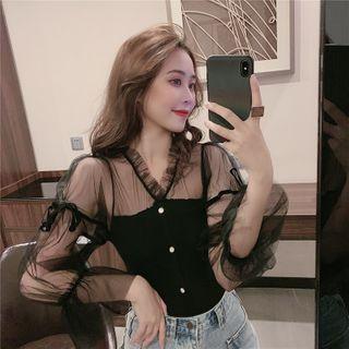 Lettuce Edge Mesh Panel Long-sleeve Knit Top
