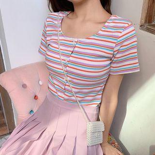 Striped Short-sleeve Buttoned T-shirt