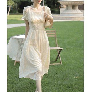 Short-sleeve Square-neck Embroidered Midi A-line Dress