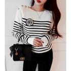Button-trim Striped Knit Top With Brooch White - One Size