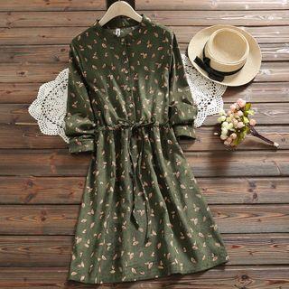 Long-sleeve Leaf Print Corduroy Shirt Dress
