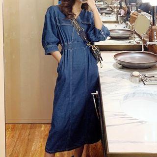V-neck Denim Dress Blue - One Size