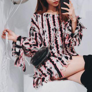 Multicolor Fringed Knit Mini Dress