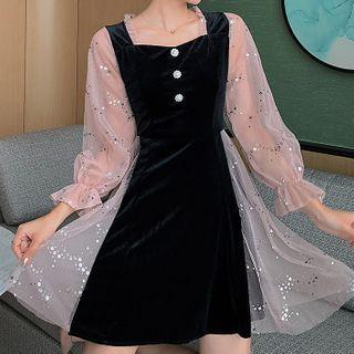 Mesh Panel Bell-sleeve Mini Sheath Velvet Dress