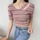 Asymmetrical Short-sleeve Striped Cutout Crop T-shirt Stripes - Pink & Green - One Size