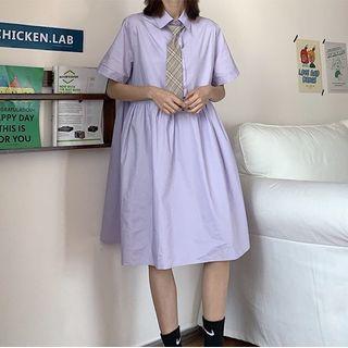 Short-sleeve Tie-neck Midi A-line Dress Light Purple - One Size