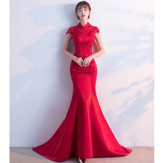 Embroidered Short-sleeve A-line Cocktail Dress / Embroidered Short-sleeve Evening Gown