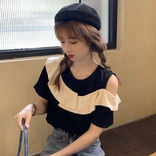 Ruffled Cold Shoulder Top Black - One Size