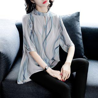 Printed Mock-neck Elbow-sleeve Blouse