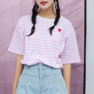 Elbow-sleeve Heart Embroidered Striped T-shirt