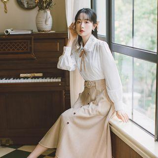 Long-sleeve Shirt / Midi A-line Skirt / Set