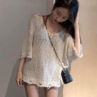 3/4-sleeve Perforated Sweater