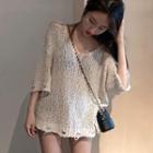 3/4-sleeve Perforated Sweater