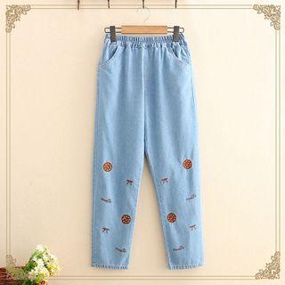 Cookie Embroidered Elastic-waist Jeans