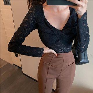 Plain V-neck Lace Slim-fit Long-sleeve Top