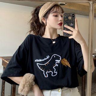 Dinosaur Embroidered Short-sleeve Round Neck T-shirt