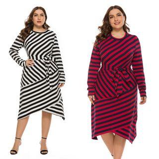 Long-sleeve Tie-waist Striped A-line Dress