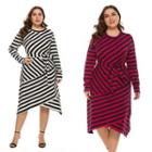 Long-sleeve Tie-waist Striped A-line Dress