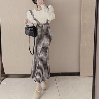 Puff-sleeve Plain Sweatshirt / Houndstooth Mermaid Overall Dress