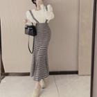 Puff-sleeve Plain Sweatshirt / Houndstooth Mermaid Overall Dress