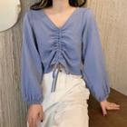 Puff-sleeve V-neck Drawstring Cropped Top