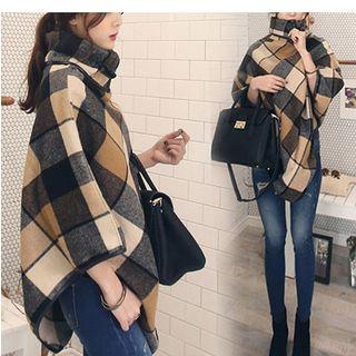 Plaid Turtleneck Woolen Cape