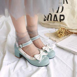 Bow Lace Trim Chunky Heel Mary Jane Pumps