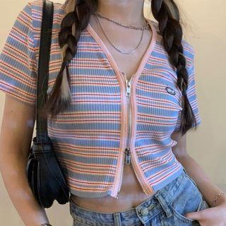 Short-sleeve Striped Zip Cropped Knit Cardigan