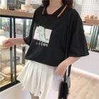 3/4-sleeve Dinosaur Print Polo Collar T-shirt
