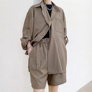 Set: Pocket-front Oversize Shirt + Belted Shorts