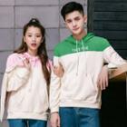 Couple Matching Color Panel Letter Embroidered Hoodie