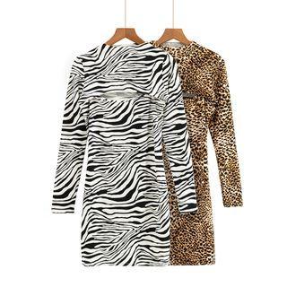 Set: Long-sleeve Patterned Crop Top + Spaghetti-strap Sheath Dress