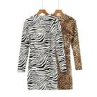 Set: Long-sleeve Patterned Crop Top + Spaghetti-strap Sheath Dress
