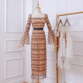 Dotted Flared-sleeve Midi Sheath Dress