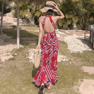 Sleeveless Open-back Print Maxi A-line Dress