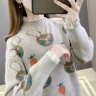 Mock-neck Lace Trim Jacquard Sweater