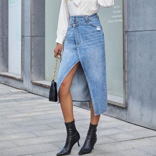High-waist Hem Slit Denim Semi Skirt