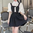 Puff-sleeve Shirt / Bow-accent Mini A-line Suspender Skirt