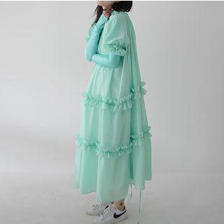 Short-sleeve Frill Trim Midi Chiffon Dress
