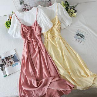 Set: Puff-sleeve Blouse + Midi Pinafore Dress